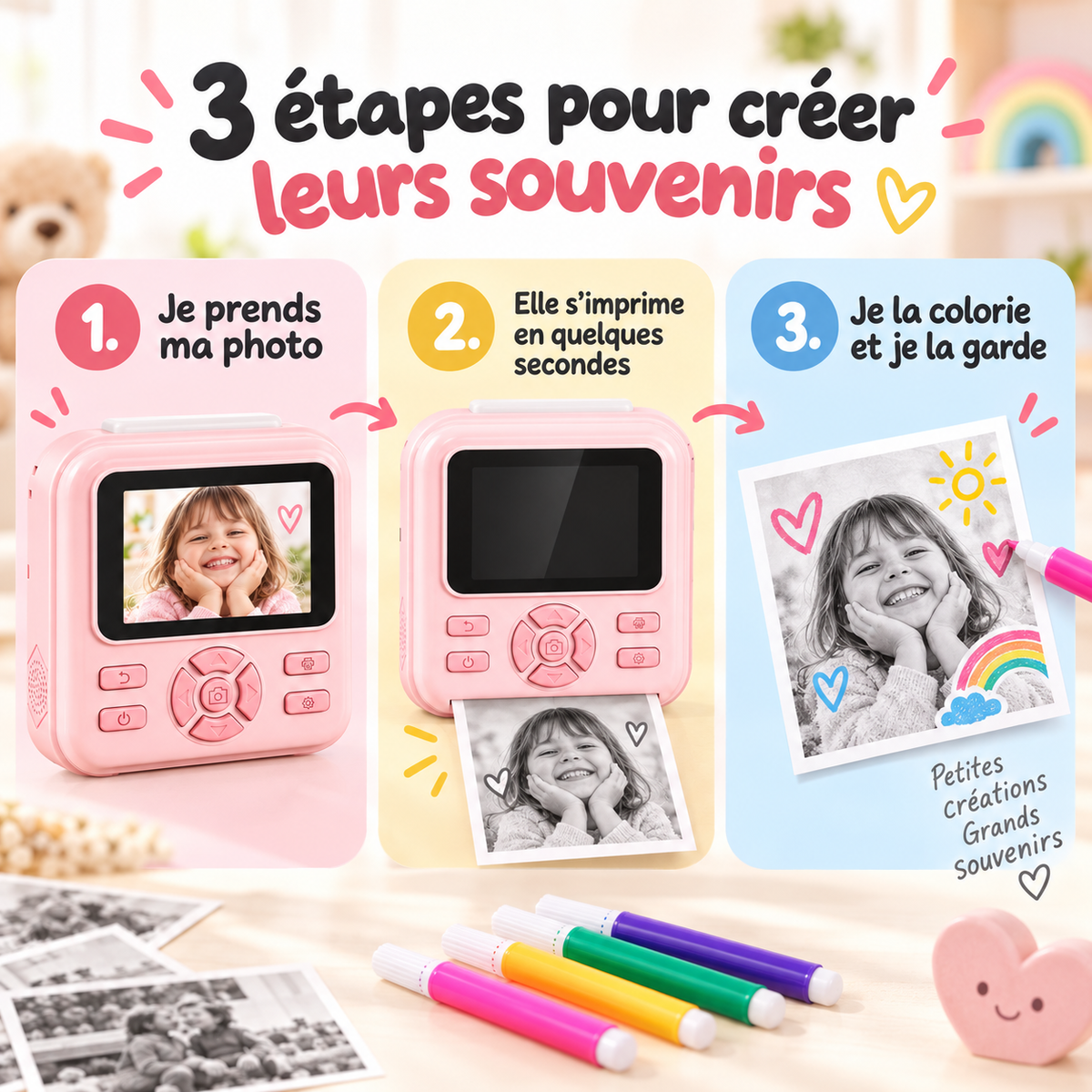3 étapes KidsCam : prendre la photo, l'imprimer, la colorier