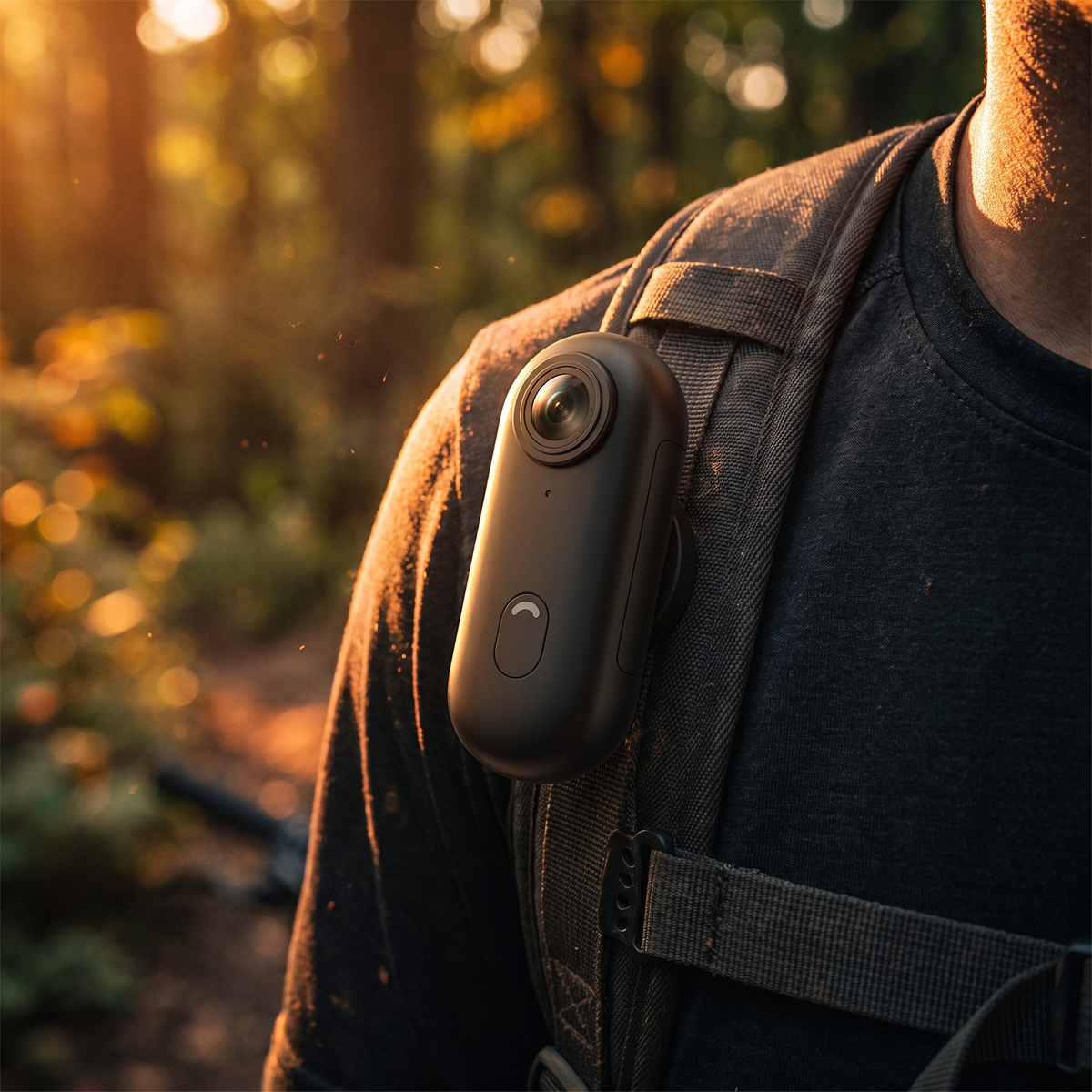 PocketCam™ clipsée sur une bretelle de sac à dos